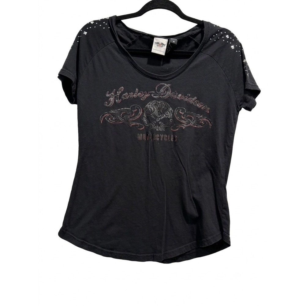 Harley-Davidson Womens Black Studded‎ Shoulder Skull Graphic T-Shirt Medium